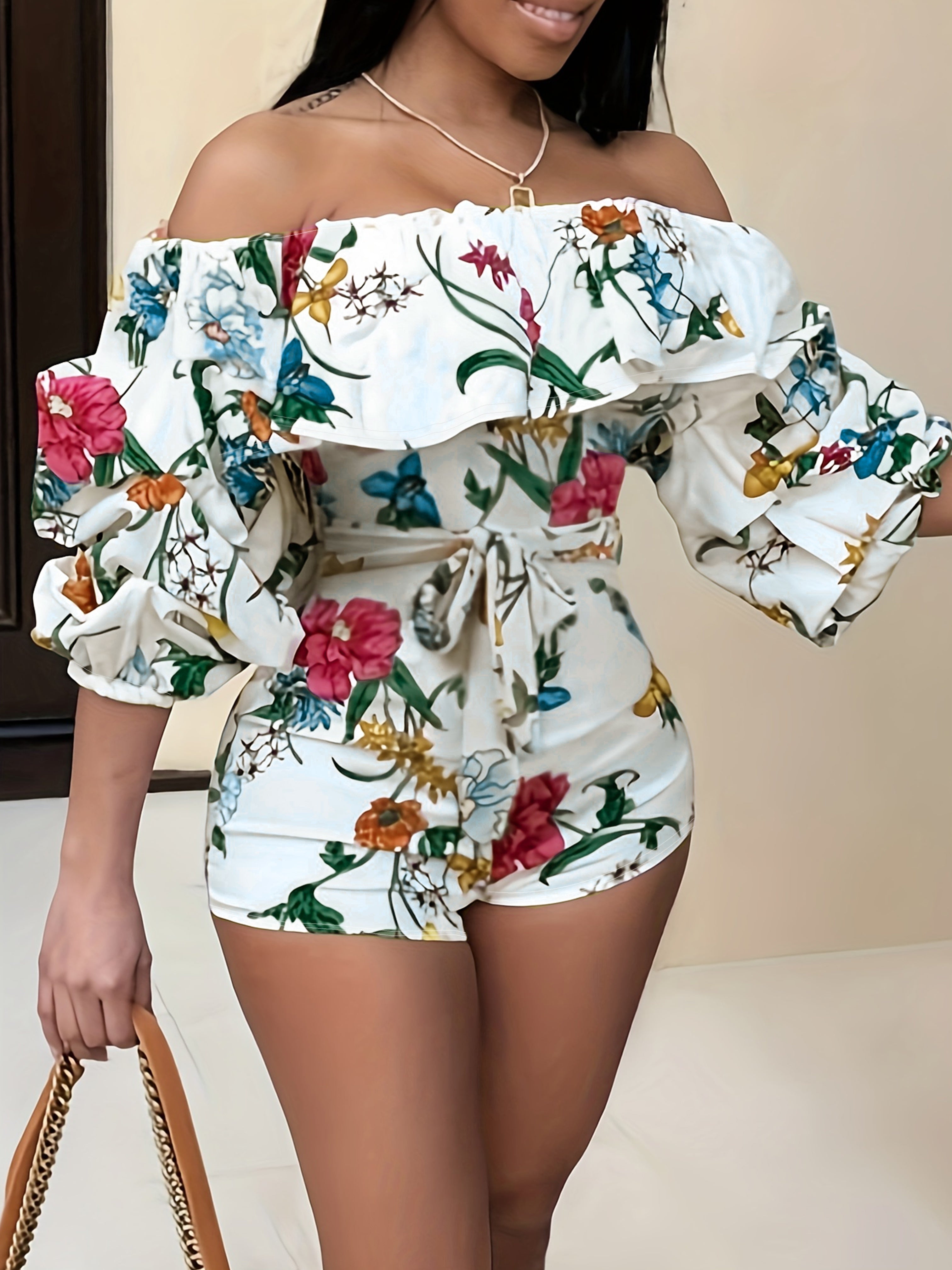 Floral Print Off Shoulder Romper Jumpsuit, Elegant Backless Tie Waist Ruffle Trim Skinny Romper Jumpsuit, Women's Clothing